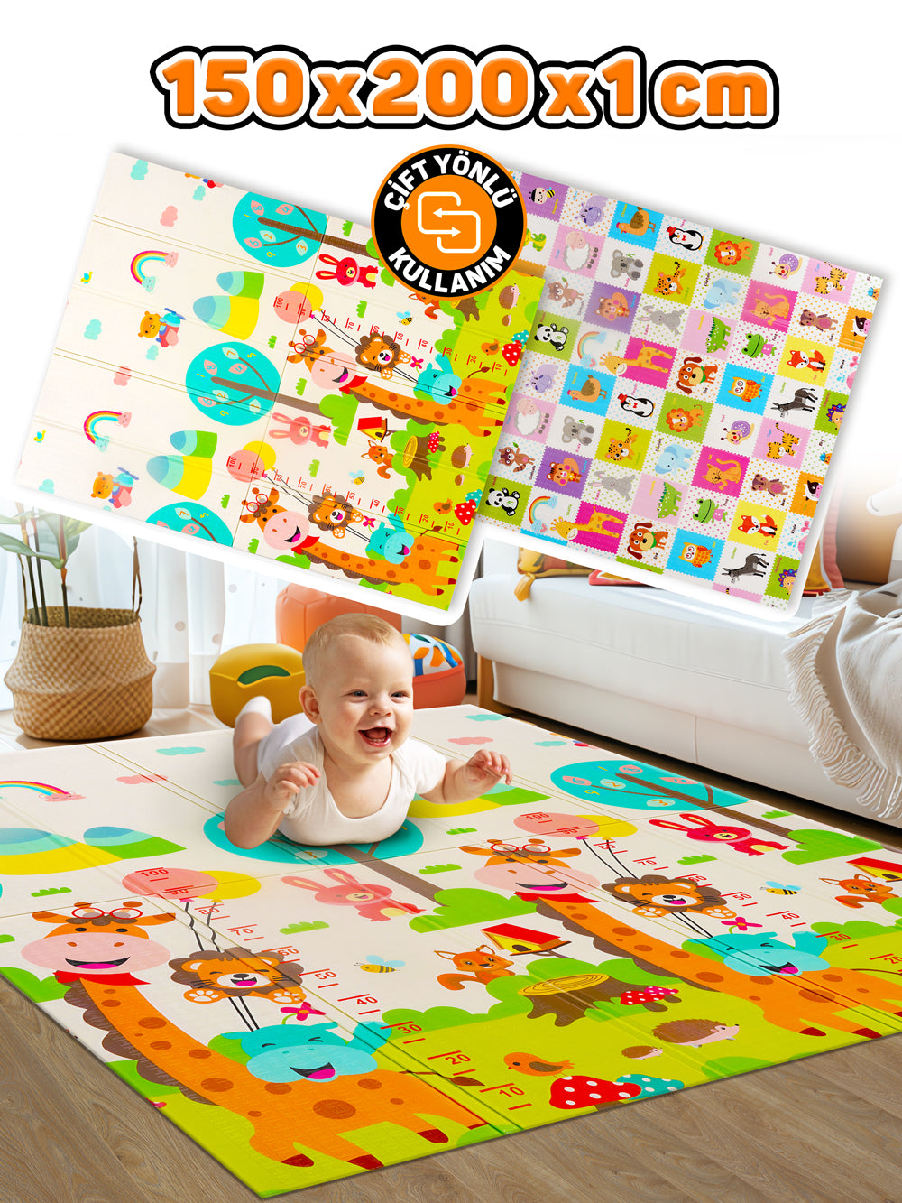 Circle Toys Neşeli Zürafa + Animals, Katlanabilir Çocuk Oyun Halısı – 150X200X1 cm - Taşıma Çantası Yanında