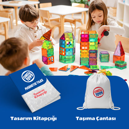 Circle Toys Manyetik Yapı Blokları 100 Parça – Eğitici STEAM Oyuncak, Renkli Manyetik Karo Yapı Seti, 3+ Yaş