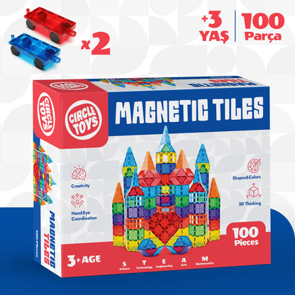 Circle Toys Manyetik Yapı Blokları 100 Parça – Eğitici STEAM Oyuncak, Renkli Manyetik Karo Yapı Seti, 3+ Yaş