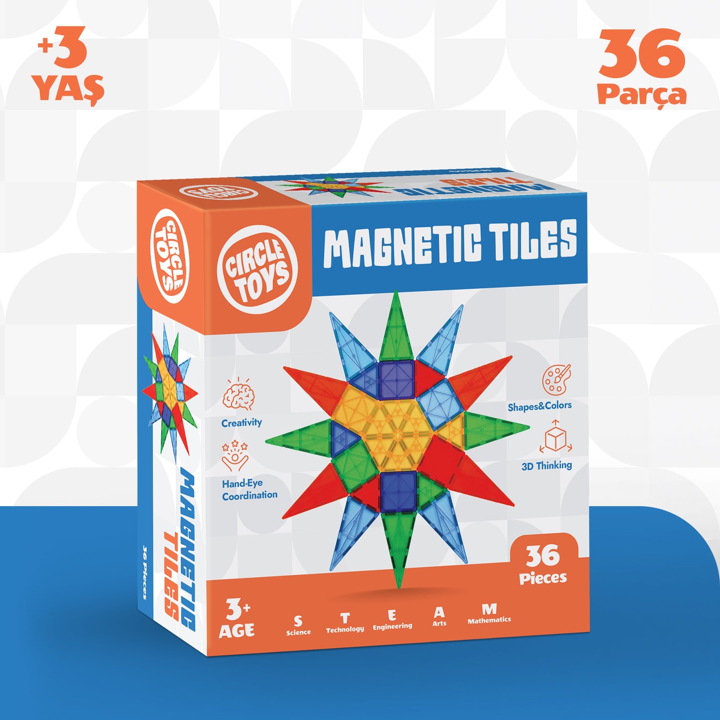 Circle Toys Manyetik Yapı Blokları 36 Parça – Eğitici STEAM Oyuncak, Renkli Manyetik Karo Yapı Seti, 3+ Yaş
