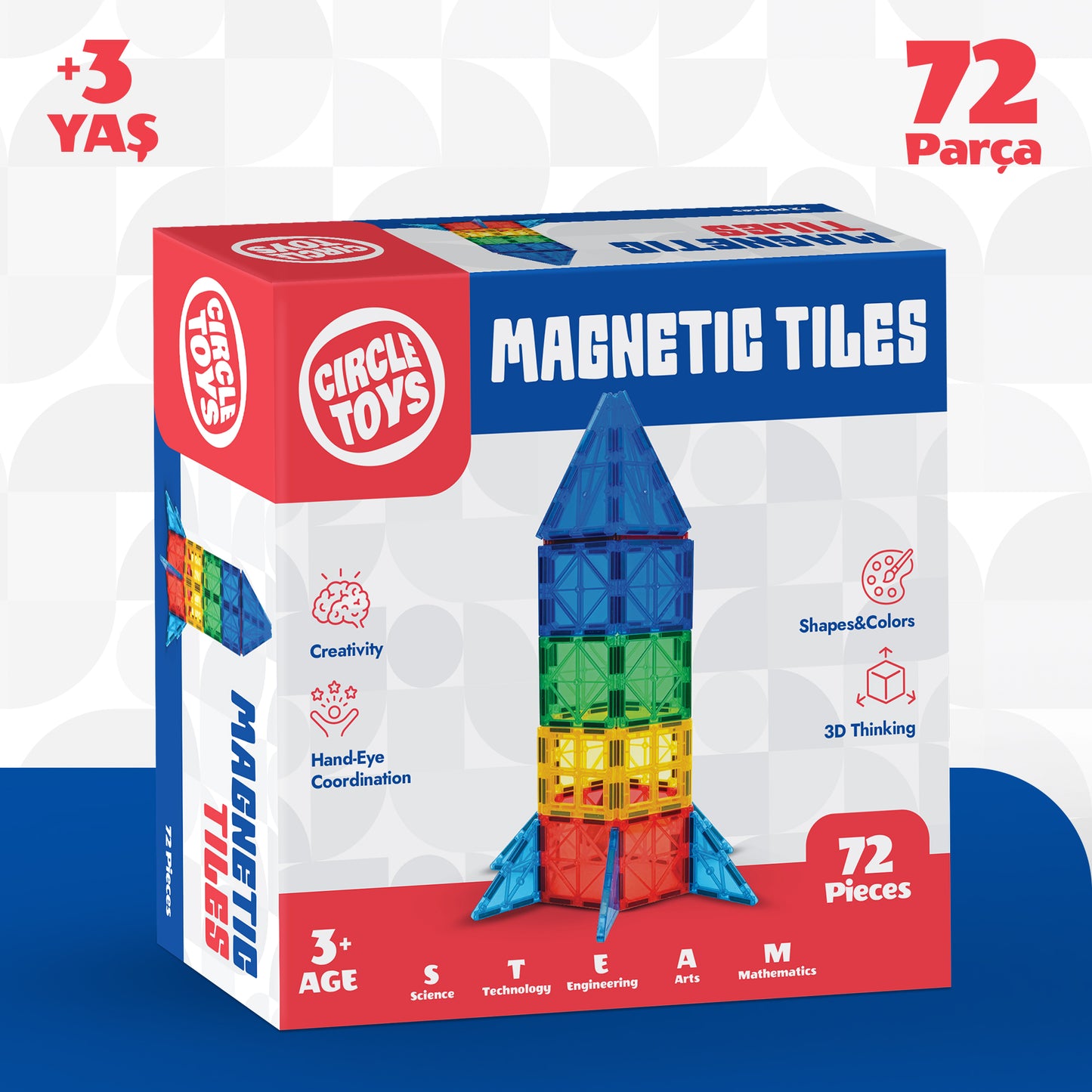 Circle Toys Manyetik Yapı Blokları 72 Parça – Eğitici STEM Oyuncak, Renkli Manyetik Karo Yapı Seti, 3+ Yaş