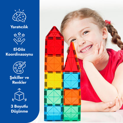 Circle Toys Manyetik Yapı Blokları 72 Parça – Eğitici STEM Oyuncak, Renkli Manyetik Karo Yapı Seti, 3+ Yaş