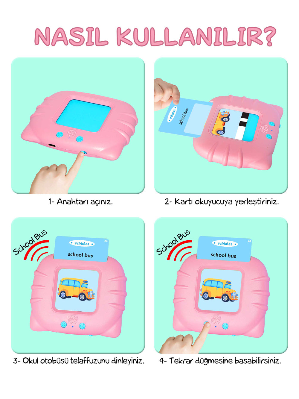 Circle Toys İngilizce Konuşan Sesli Flash Eğitim Kartları 224 Kart - Pembe