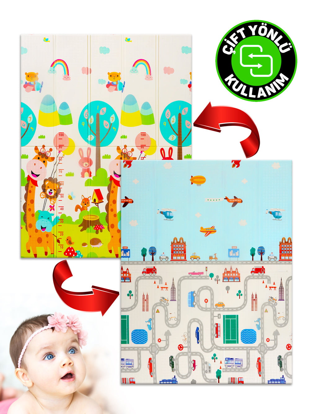 Circle Toys Neşeli Zürafa + Taşıtlar, Katlanabilir Çocuk Oyun Halısı -150x200x1 - Taşıma Çantası Yanında