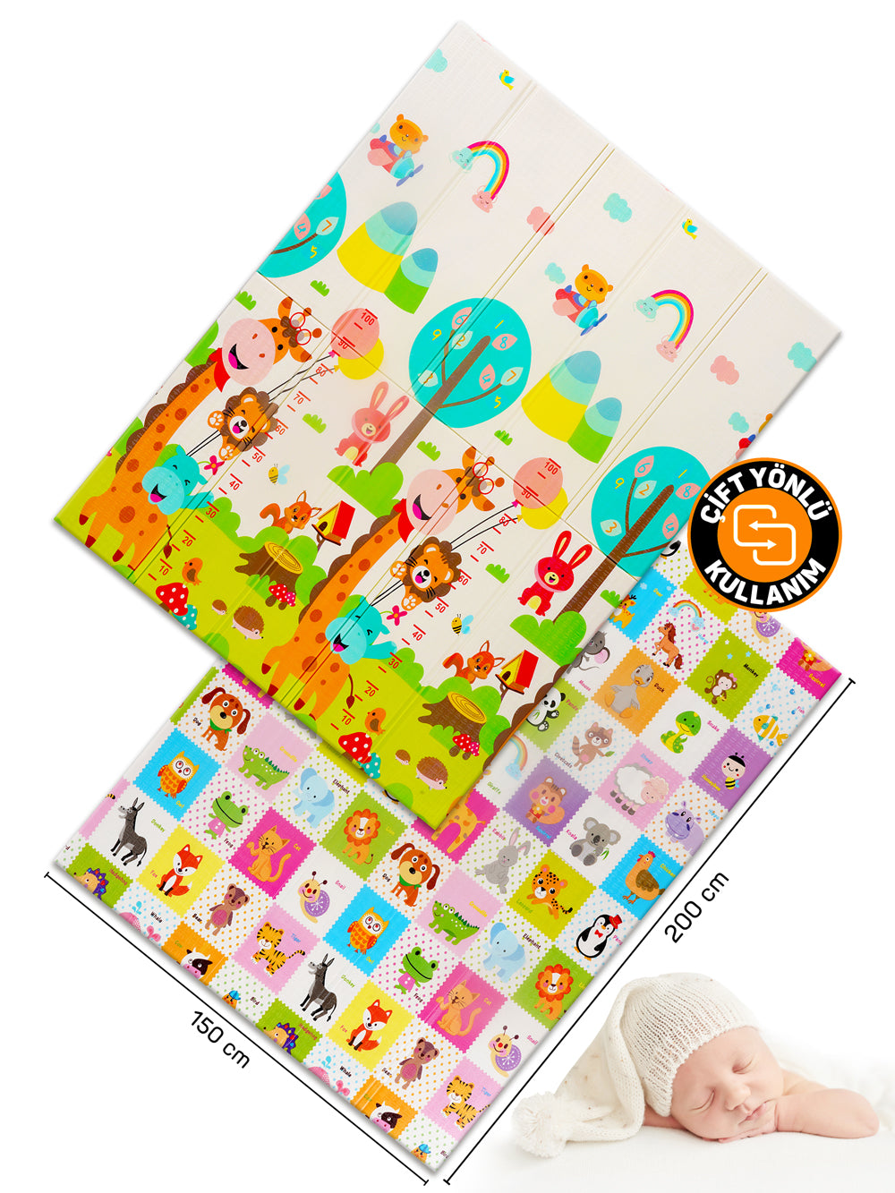 Circle Toys Neşeli Zürafa + Animals, Katlanabilir Çocuk Oyun Halısı –  150X200X1 cm - Taşıma Çantası Yanında