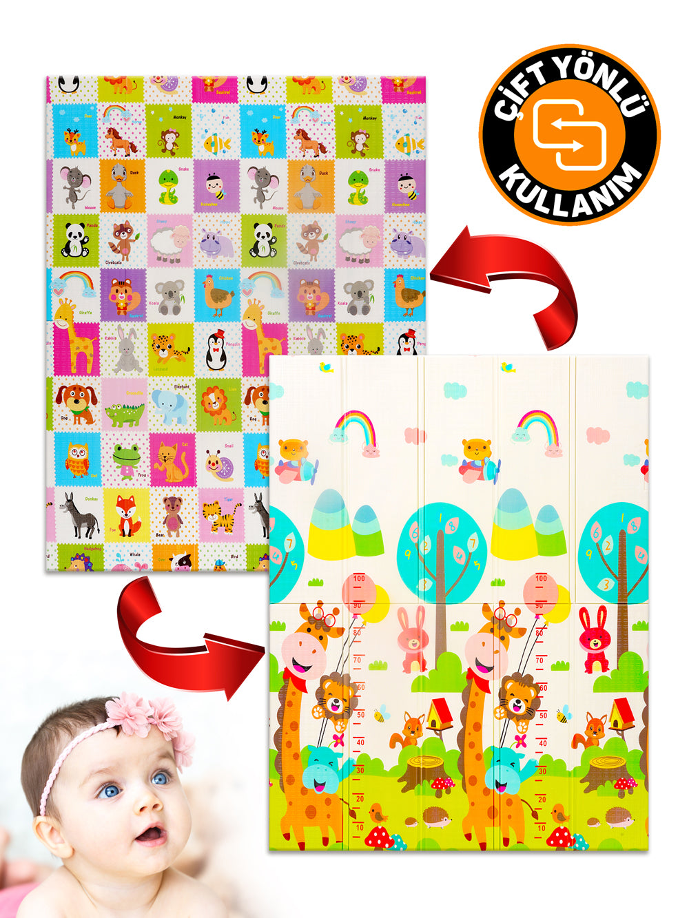 Circle Toys Neşeli Zürafa + Animals, Katlanabilir Çocuk Oyun Halısı –  150X200X1 cm - Taşıma Çantası Yanında