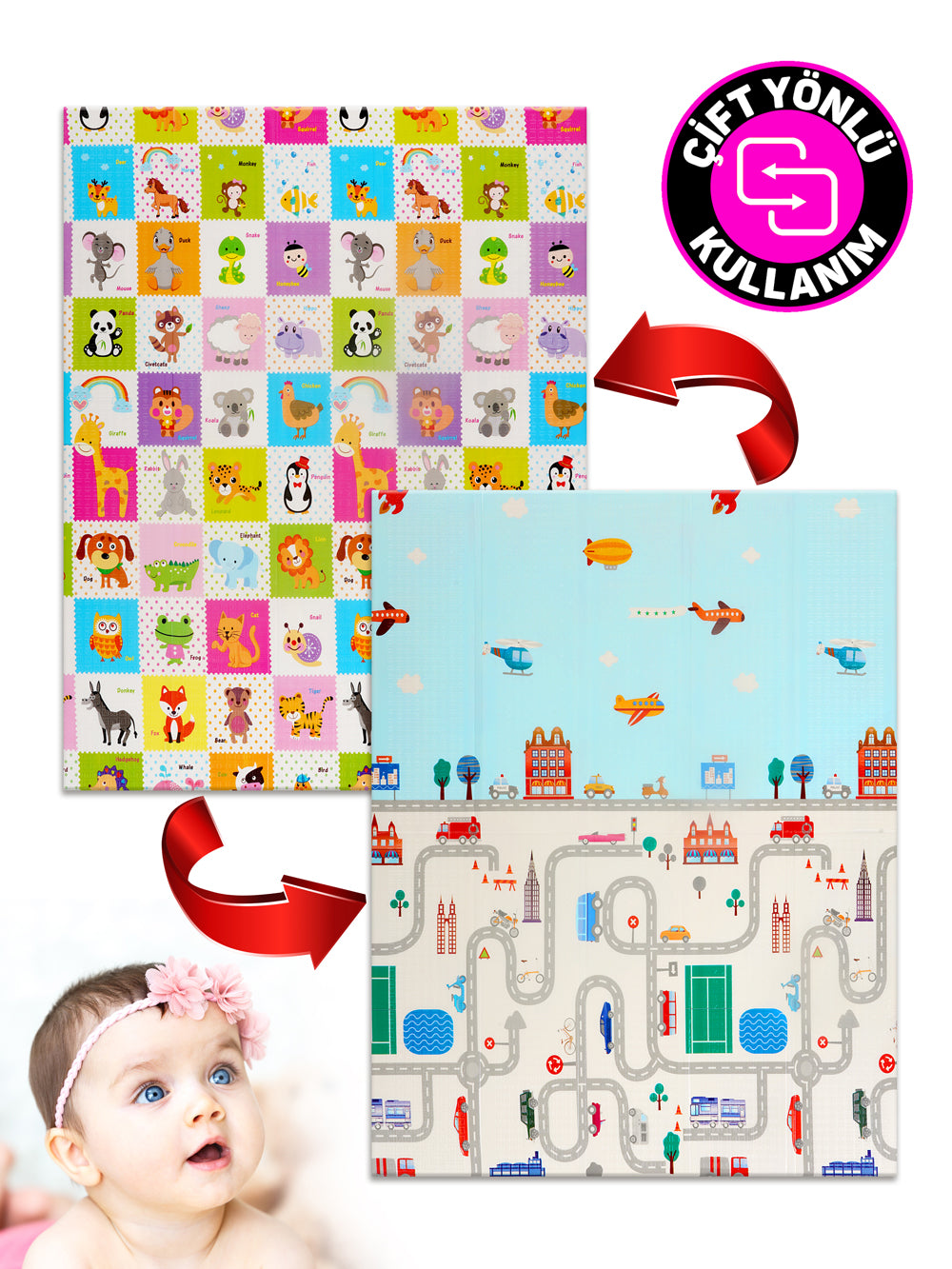 Circle Toys Animals + Taşıtlar, Katlanabilir Çocuk Oyun Halısı - 150X200X1 cm - Taşıma Çantası Yanında