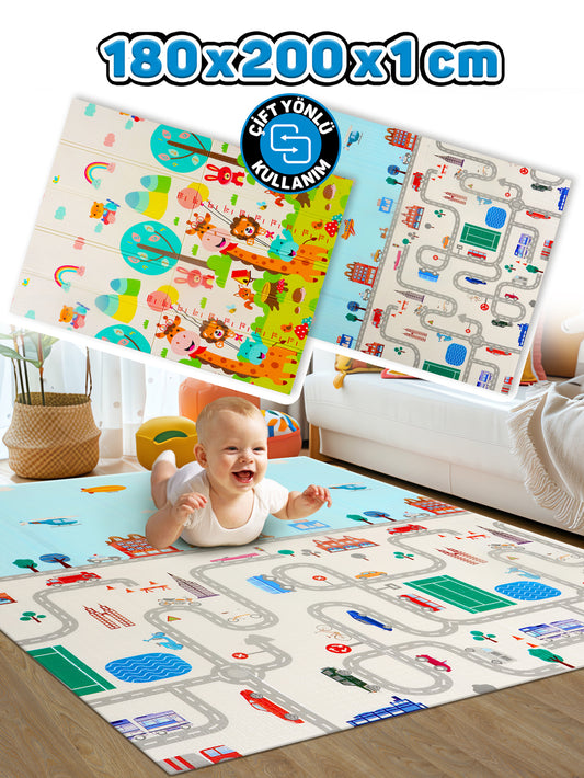 Circle Toys Neşeli Zürafa + Taşıtlar, Katlanabilir Çocuk Oyun Halısı – Ekstra Large - 180X200X1 cm - Taşıma Çantası Yanında