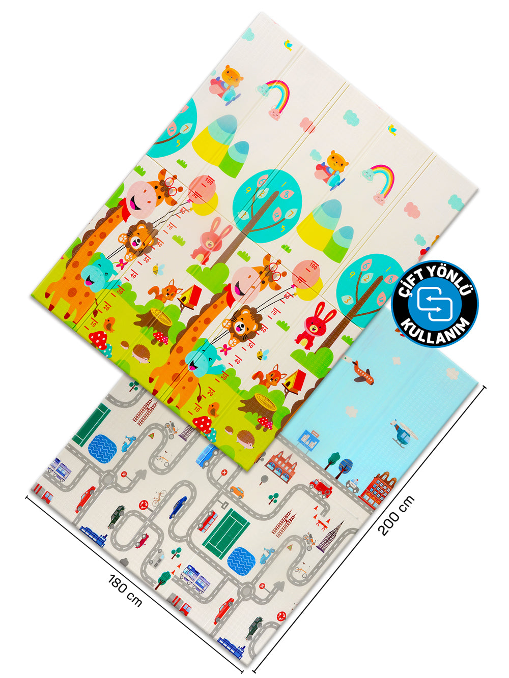 Circle Toys Neşeli Zürafa + Taşıtlar, Katlanabilir Çocuk Oyun Halısı – Ekstra Large - 180X200X1 cm - Taşıma Çantası Yanında