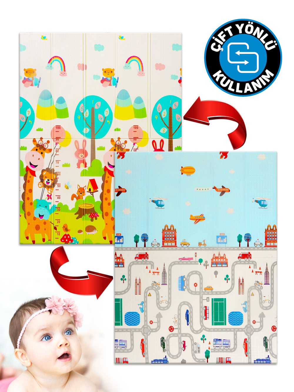 Circle Toys Neşeli Zürafa + Taşıtlar, Katlanabilir Çocuk Oyun Halısı – Ekstra Large - 180X200X1 cm - Taşıma Çantası Yanında