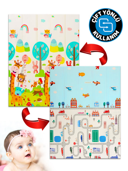 Circle Toys Neşeli Zürafa + Taşıtlar, Katlanabilir Çocuk Oyun Halısı – Ekstra Large - 180X200X1 cm - Taşıma Çantası Yanında