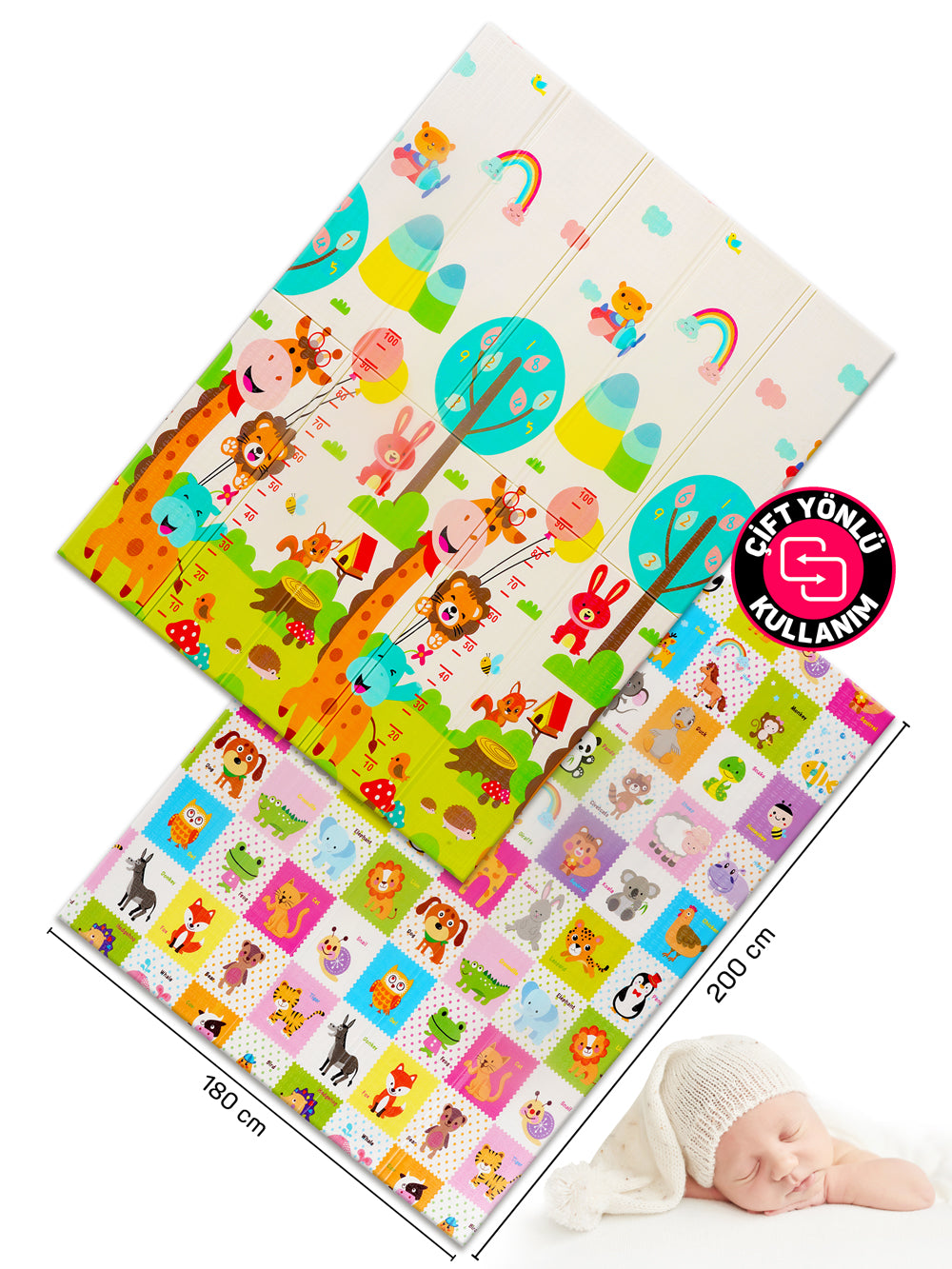 Circle Toys Neşeli Zürafa + Animals, Katlanabilir Çocuk Oyun Halısı – Ekstra Large - 180X200X1 cm - Taşıma Çantası Yanında