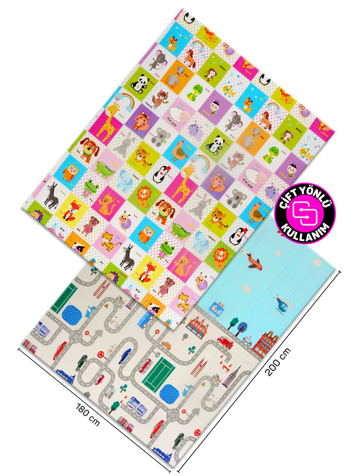Circle Toys Animals + Taşıtlar, Katlanabilir Çocuk Oyun Halısı – Ekstra Large - 180X200X1 cm - Taşıma Çantası Yanında