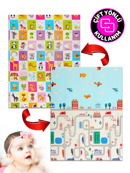 Circle Toys Animals + Taşıtlar, Katlanabilir Çocuk Oyun Halısı – Ekstra Large - 180X200X1 cm - Taşıma Çantası Yanında