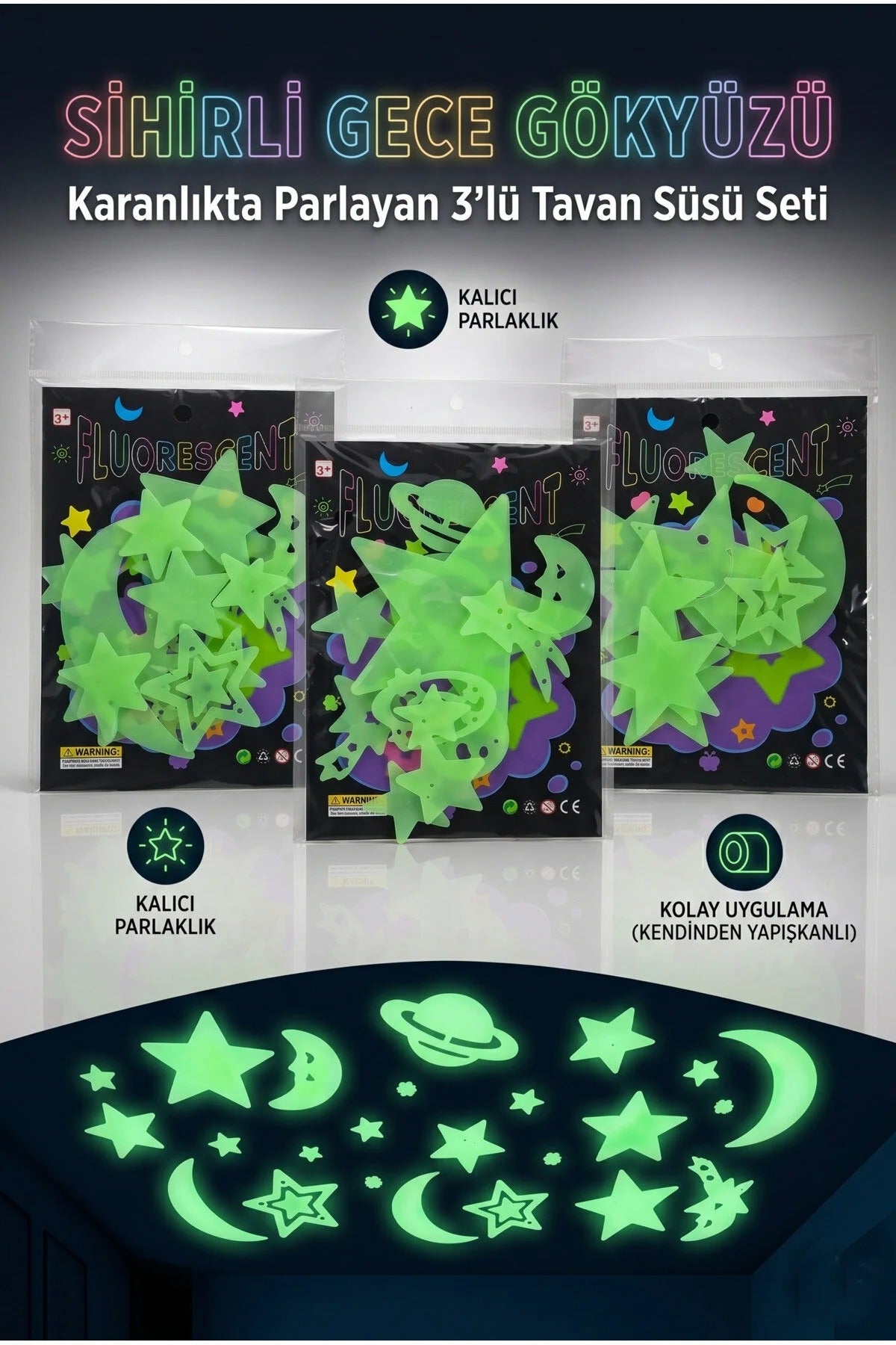Fosforlu Yıldız Sticker Seti | Karanlıkta Parlayan Tavan Süsü (1 Paket)