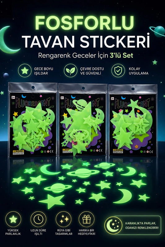 Fosforlu Yıldız Sticker Seti | Karanlıkta Parlayan Tavan Süsü (1 Paket)