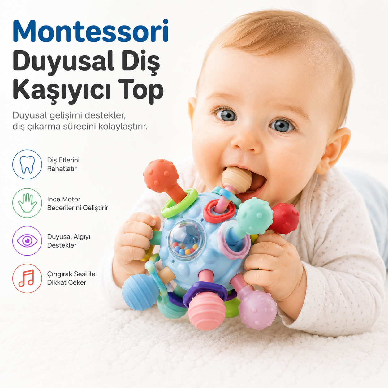 Montessori Duyusal Diş Kaşıyıcı ve Çıngıraklı Top